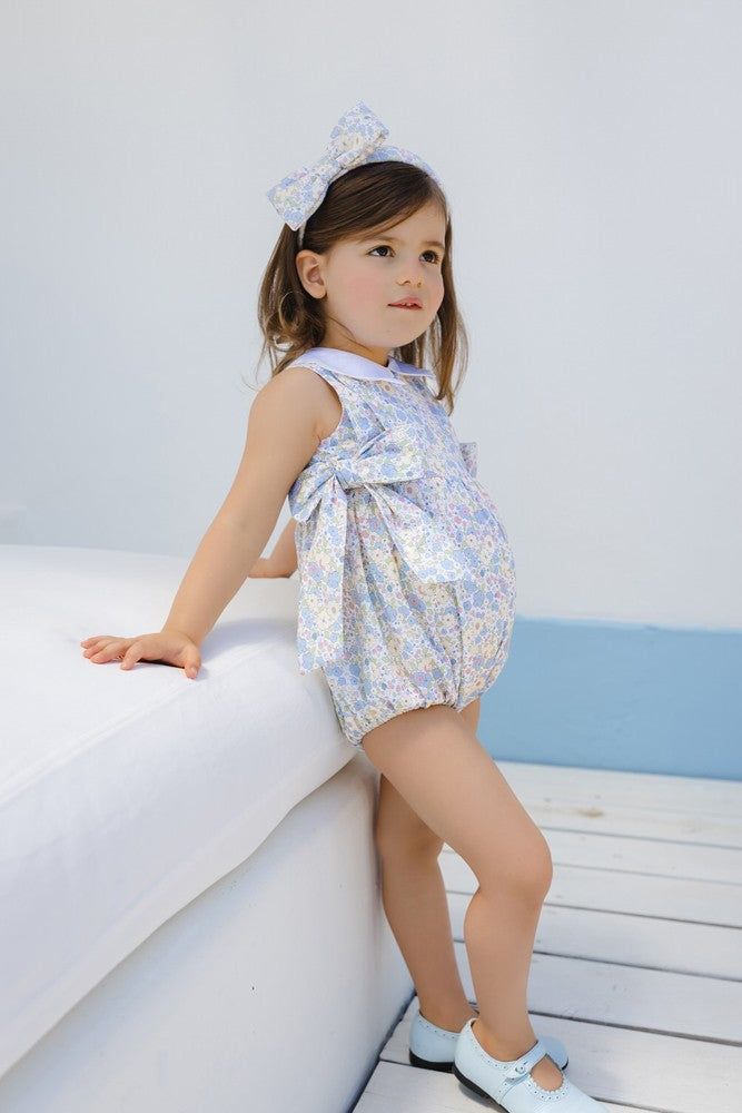 Sal & Pimenta Girls Bubble - Blue & Yellow Cupcakes Floral - Scallop Collar & Side Bows