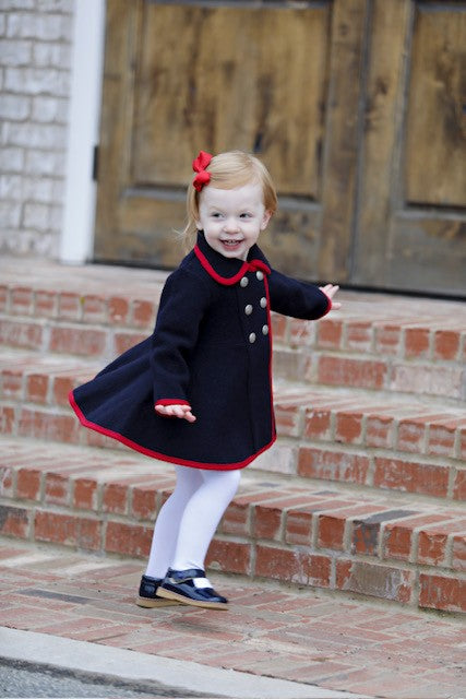Marae Girls Dress Coat - Double Breasted Twirl Coat - Navy Blue with Red Trim by Marae