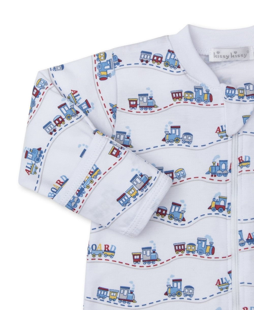 Kissy Kissy Baby Boys Navy Blue Rambling Train Railroad Zipper Footie - Print by Kissy Kissy