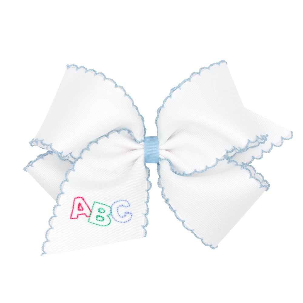 Wee Ones Girls Hair Bow - Embroidery ABC - White with Millenium Blue Moonstitch