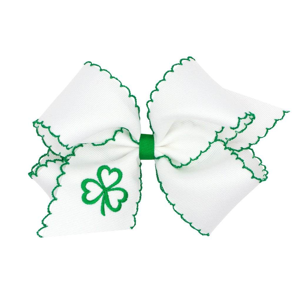 Wee Ones Girls Hair Bow on Clip - White with Green Moonstitch - Embroidered Vintage Shamrock