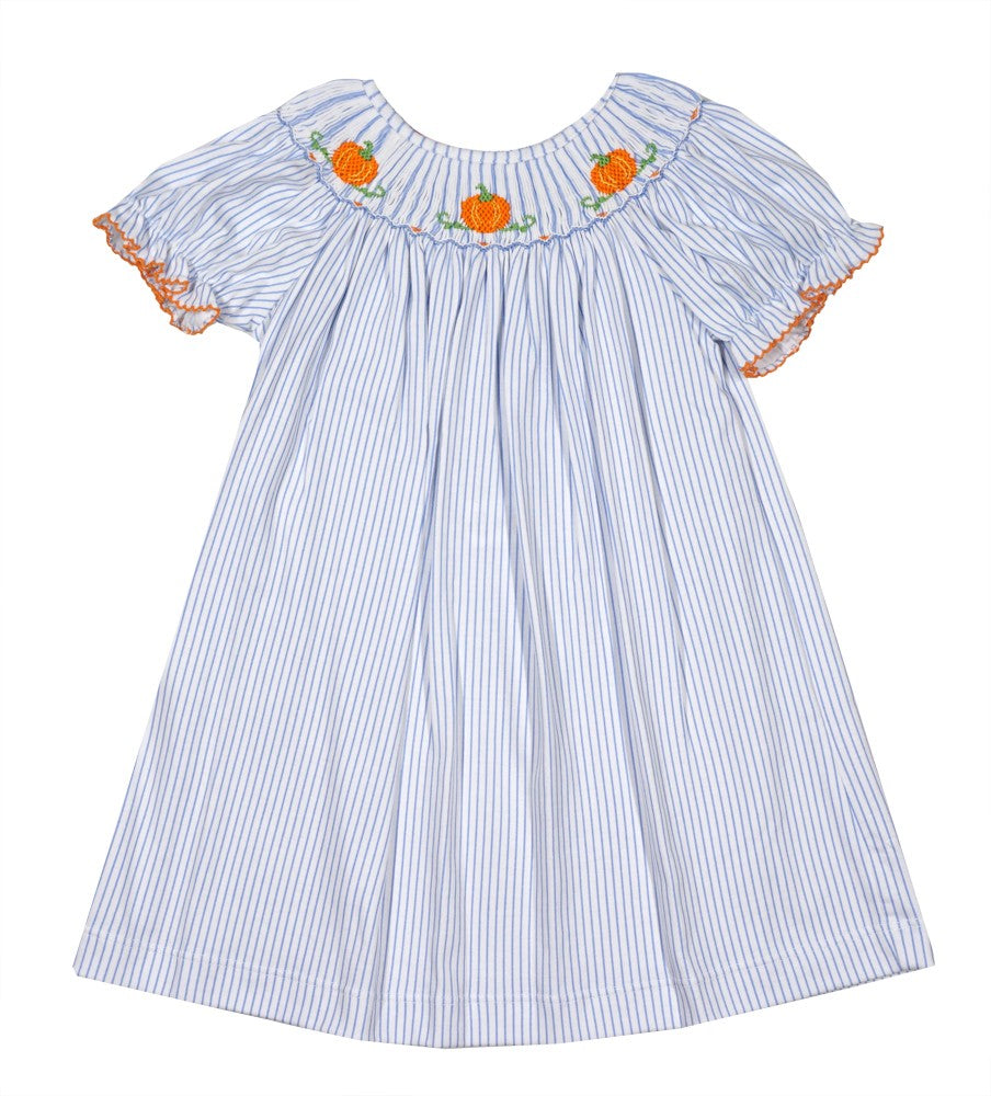 Petit Bebe Baby / Toddler Girls Blue Stripe Knit Smocked Pumpkins Bishop Dress