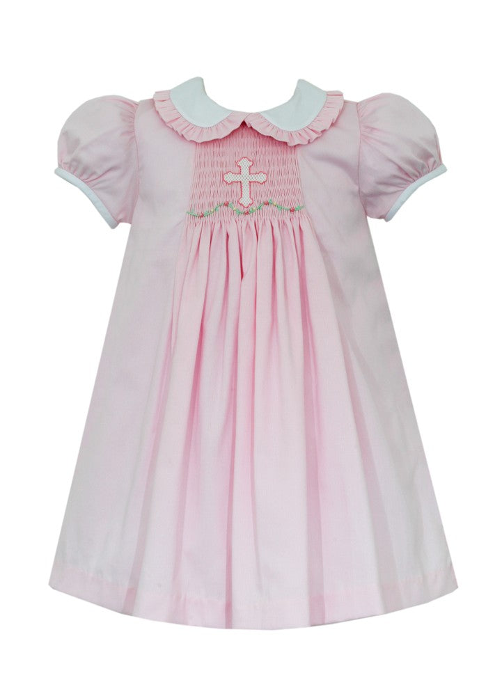 Anavini Girls Pink Pique Dress - Smocked Cross - Ruffle Collar by Anavini