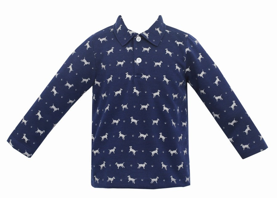 Claire & Charlie Boys Navy Blue Labrador Dogs Print Shirt with Collar