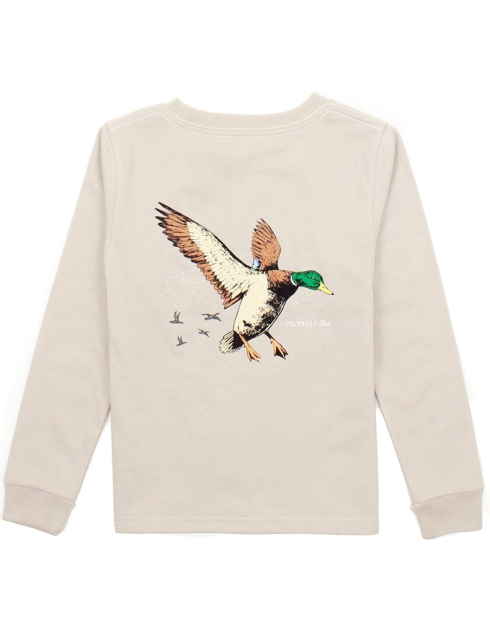 Properly Tied Boys Shirt - Logo Pocket on Front - Back Graphic - Mallard Duck Flight on Linen Tan