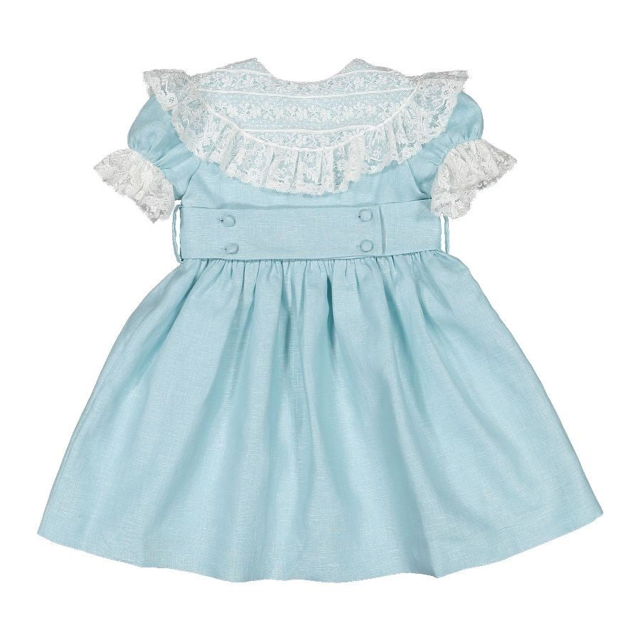 Sal & Pimenta Girls Dress - Turquoise Linen - Crossed Lace Collar