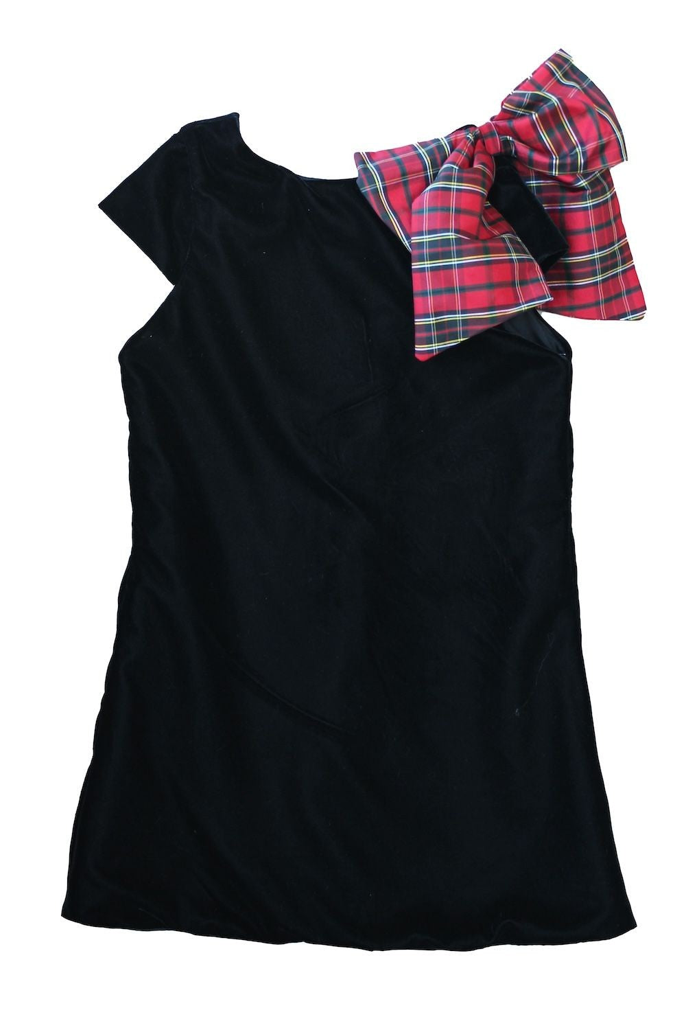 Susanne Lively Girls Black Velvet A-Line Dress - Holiday Plaid Bow on Shoulder