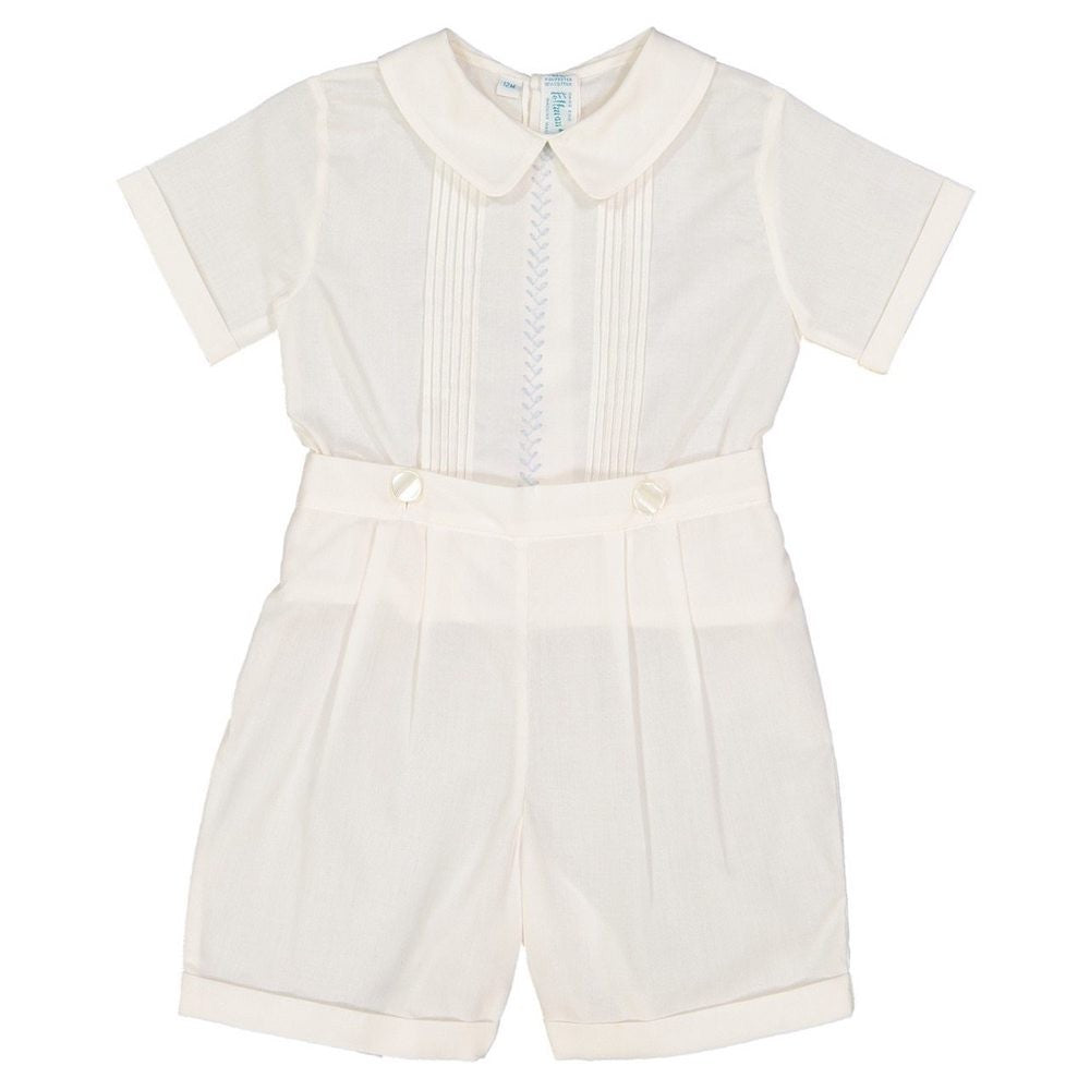 Feltman Brothers Baby / Toddler Boys Ivory Vintage Button On Suit - Blue Embroidery