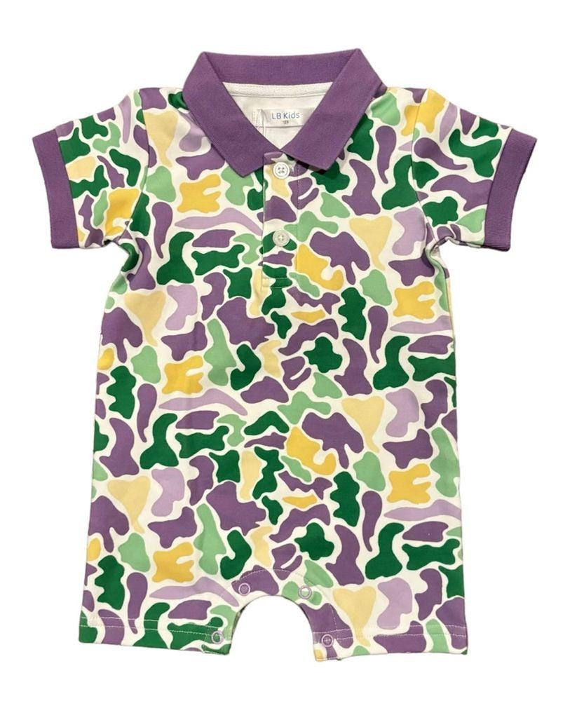 LuLu BeBe Baby Boys Mardi Gras Camo Polo Romper