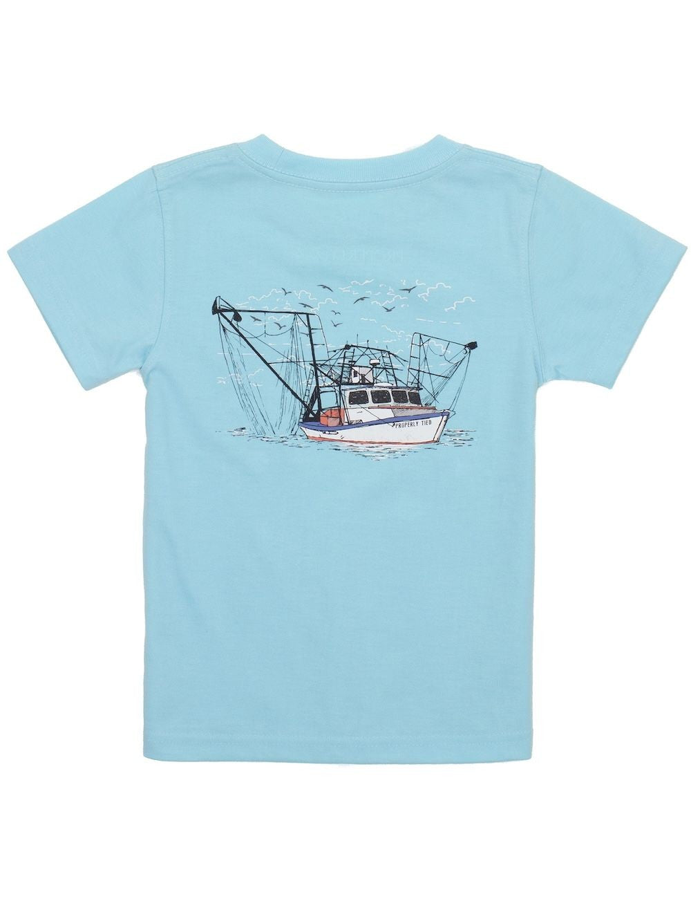Properly Tied T-Shirt - Logo Pocket on Front - Graphic on Back - Shrimp Boat on Powder Blue by Properly Tied