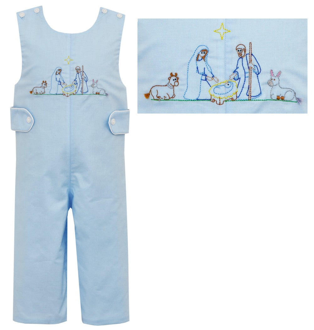 Anavini Boys Light Blue Longall with Piped Shirt - Embroidered Nativity Scene