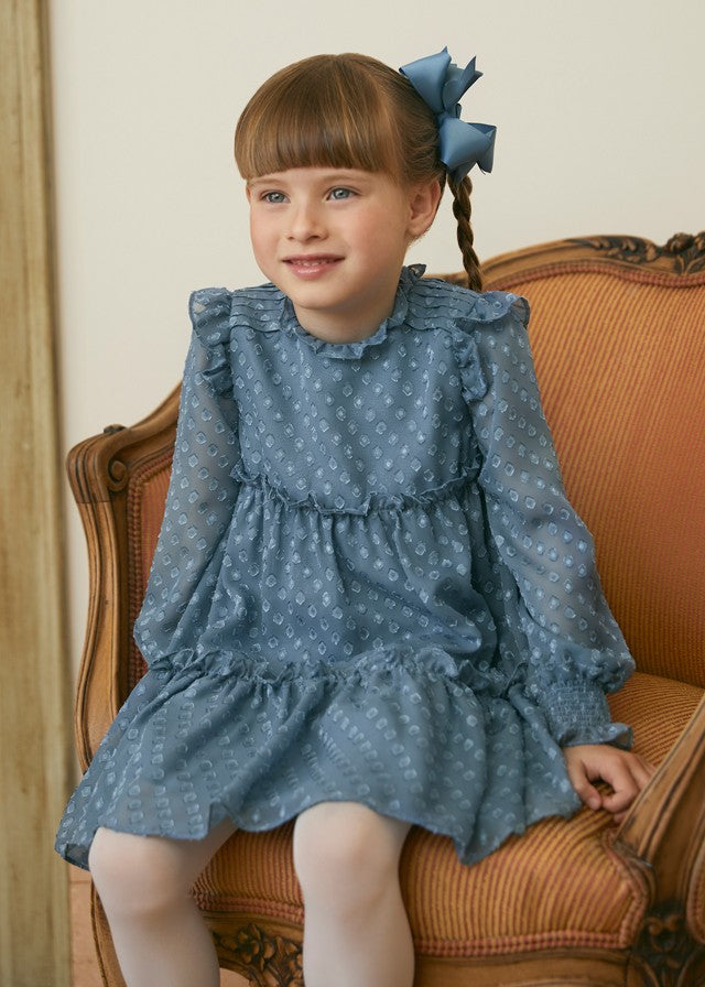 Abel & Lula Girls Plumetti Jacquard Tiered Dress - Cerulean Blue