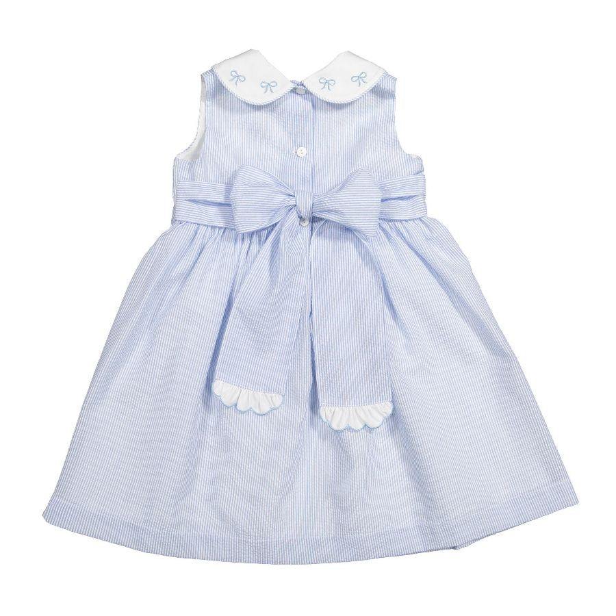 Sal & Pimenta Girls Blue Seersucker Sleeveless Dress - Embroidered Bows on Collar