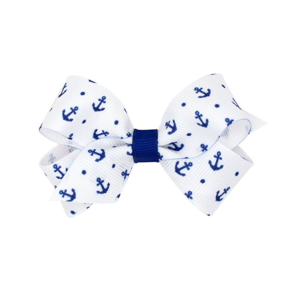 Wee Ones Girls Hair Bow on Clip - White with Tiny Blue Anchors Print by Wee Ones