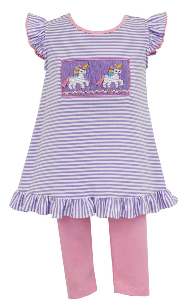 Anavini Girls Lavender Striped Smocked Unicorns Tunic Top with Pink Leggings by Anavini