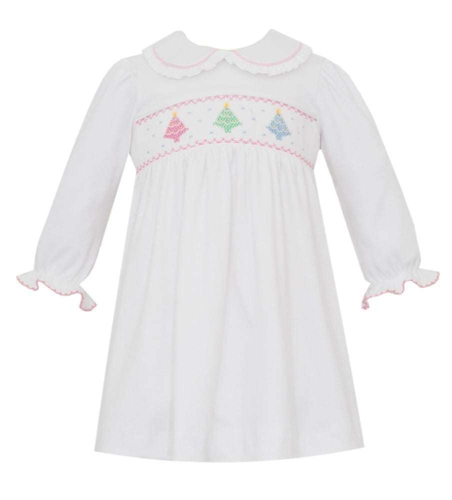 Petit Bebe Knits Baby Girls White Long Sleeved Dress - Smocked Pastel Christmas Trees