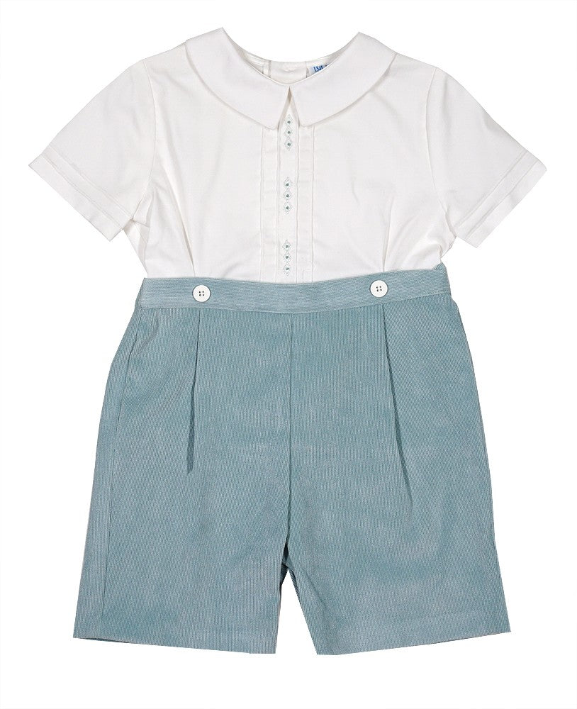 Luli & Me Boys Corduroy Button On Shorts Outfit - Short Sleeves - Mint Green by Luli & Me