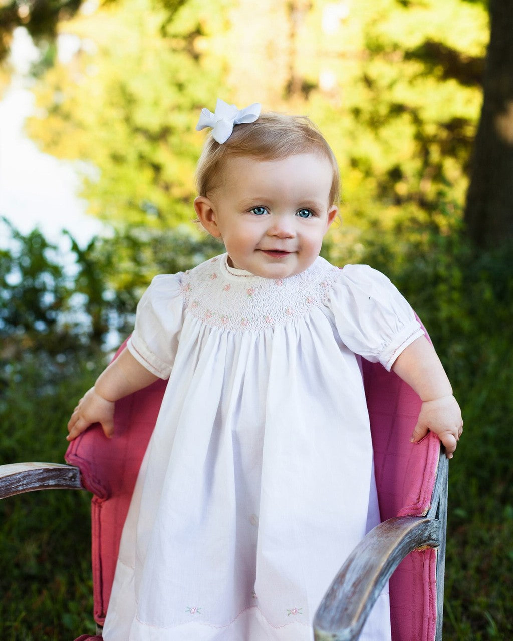 Feltman Brothers Baby Girls Sweet Midgie Bishop - White Dress Smocked in Pink