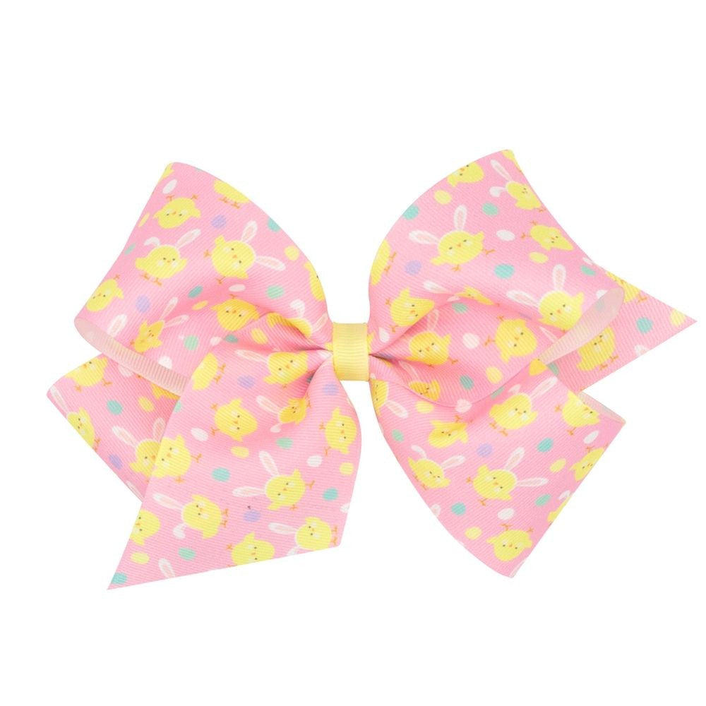 Wee Ones Girls Easter Bow - Yellow Chicks on Pink