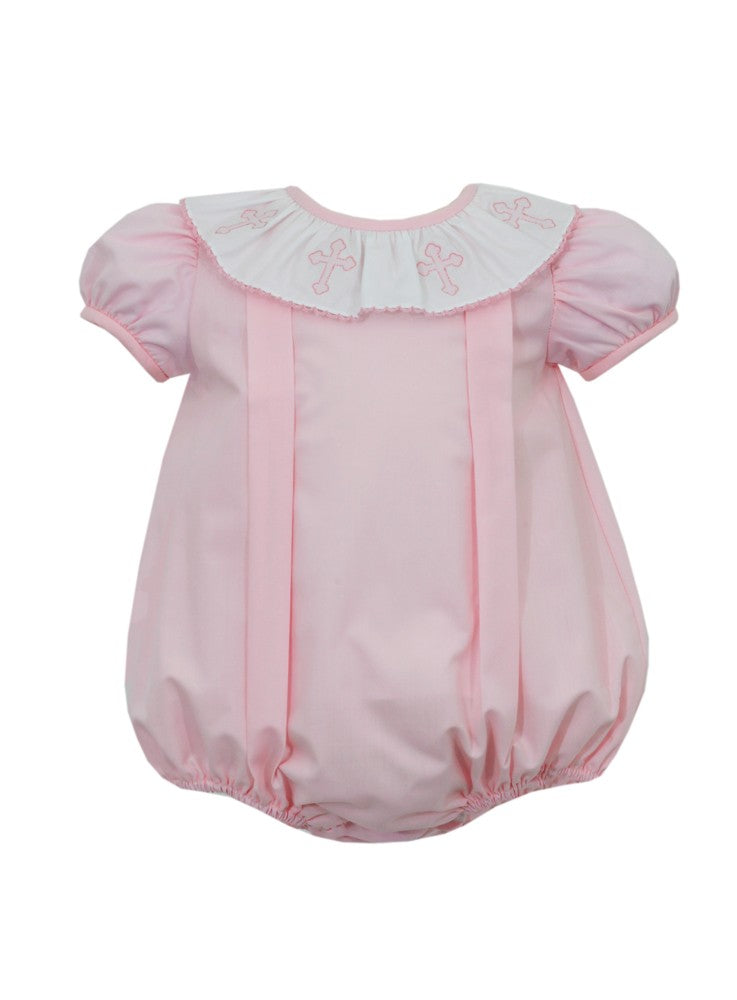 Anavini Baby Girls Pink Bubble - Ruffle Collar with Embroidered Crosses