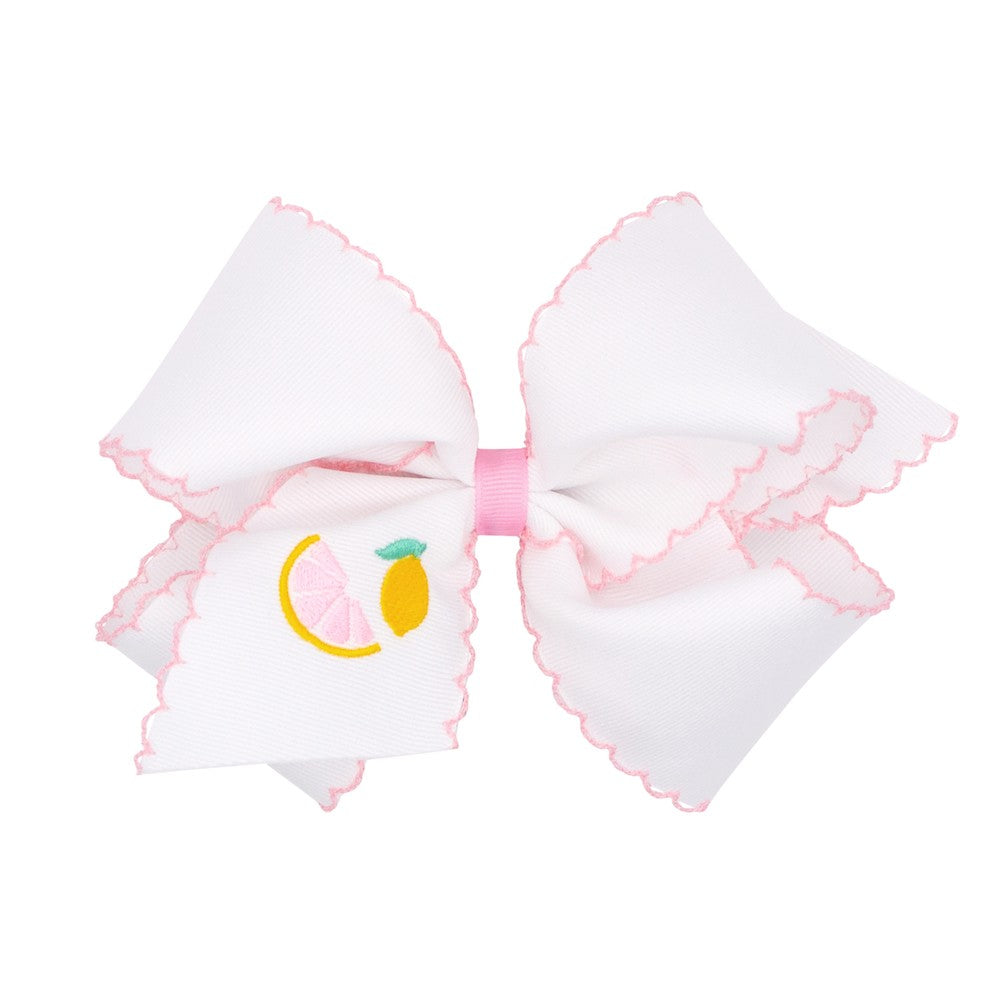 Wee Ones Girls Hair Bow on Clip - White with Pink Moonstitch - Pink & Lemon