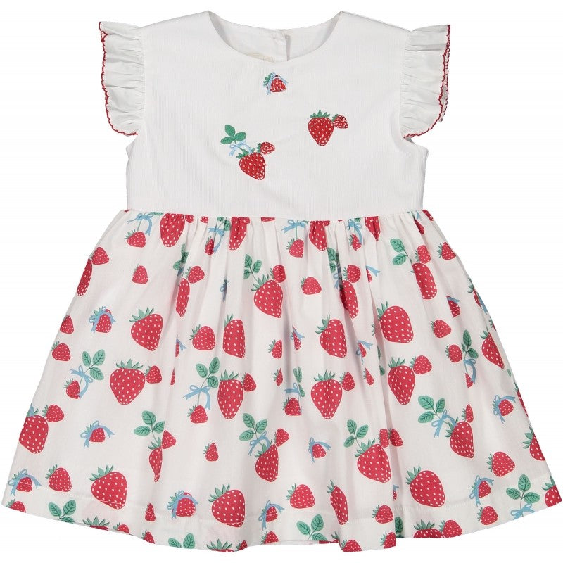 Sal & Pimenta Girls Red Berries & Bows Dress - White Bodice with Strawberry Embroidery 5T Sal & Pimenta Girls Red Berries & Bows Dress - White Bodice with Strawberry Embroidery 5T