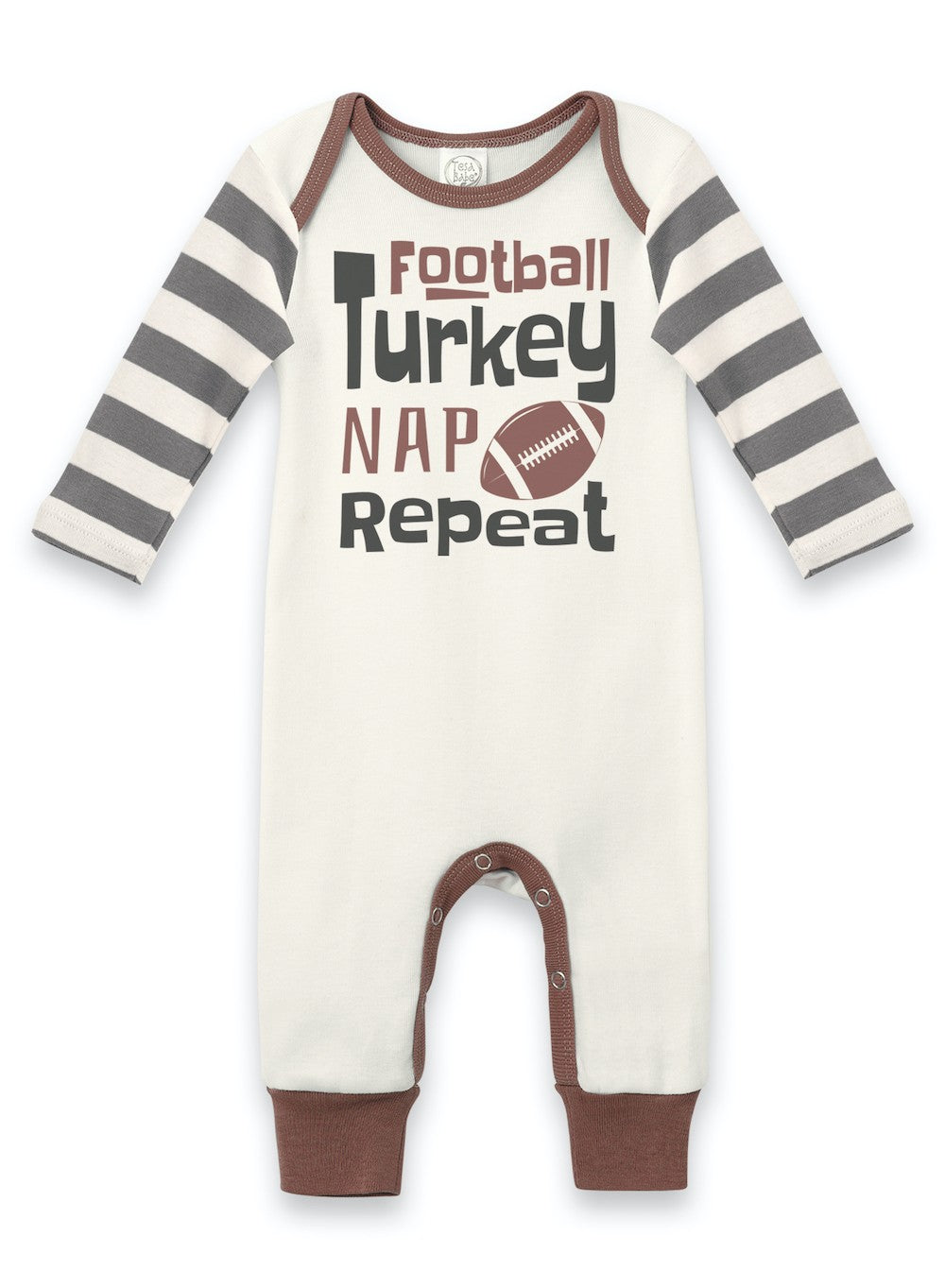 Tesa Babe Baby Boys Romper - Gray Striped Sleeves - Football Turkey Nap Repeat