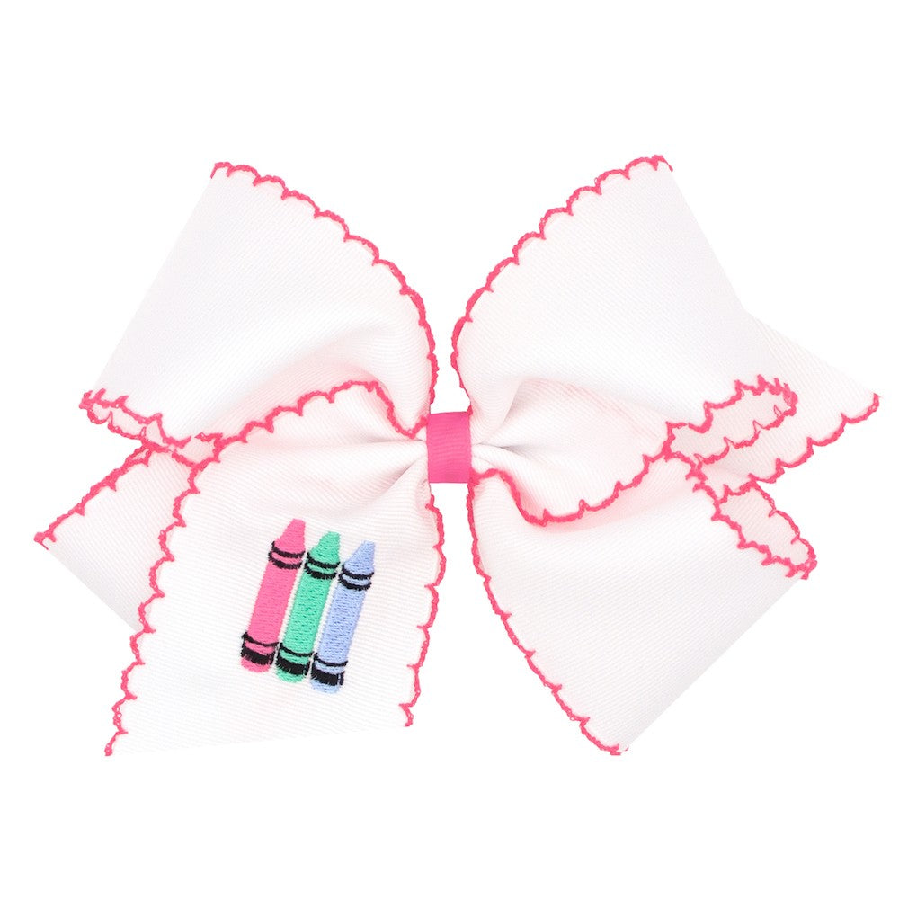 Wee Ones Girls Hair Bow - Embroidery Crayons - White with Hot Pink Moonstitch