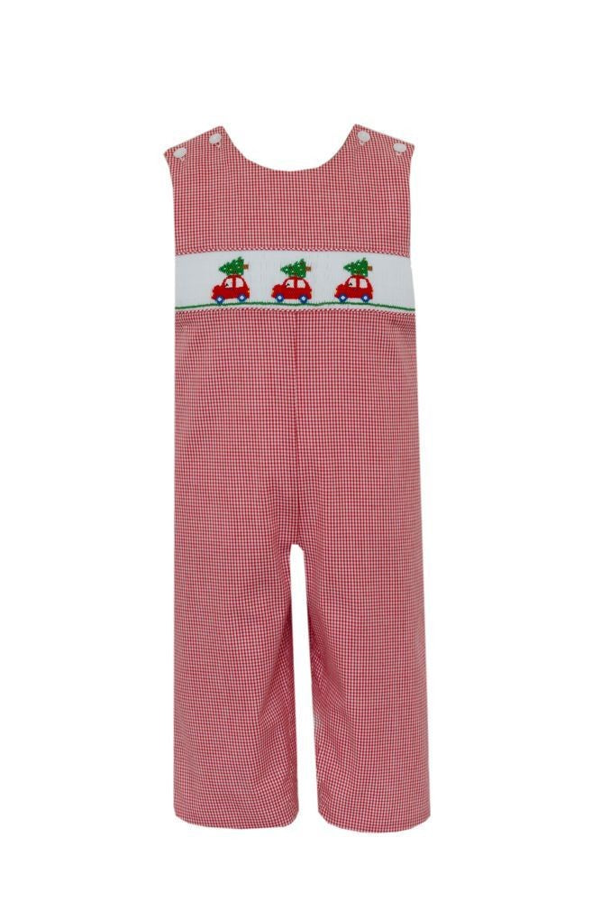 Petit Bebe Boys Red Check Smocked Christmas Tree Cars Longall