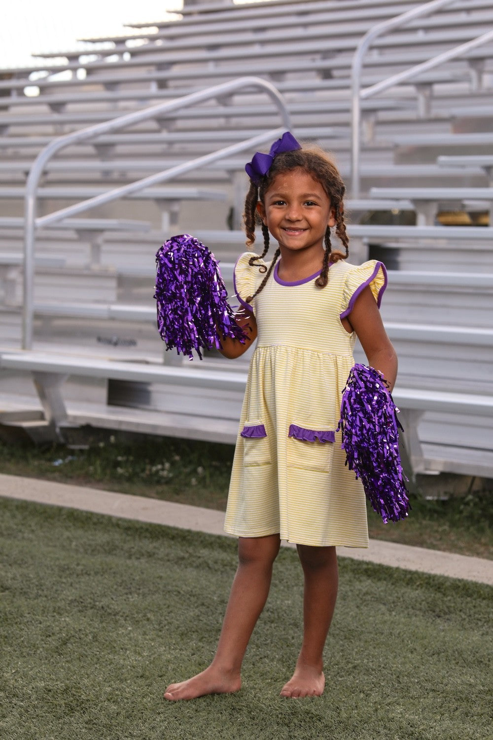 Trotter Street Kids Girls Lucy Game Day Dress - Yellow Stripe - Purple Trim - LSU Tigers