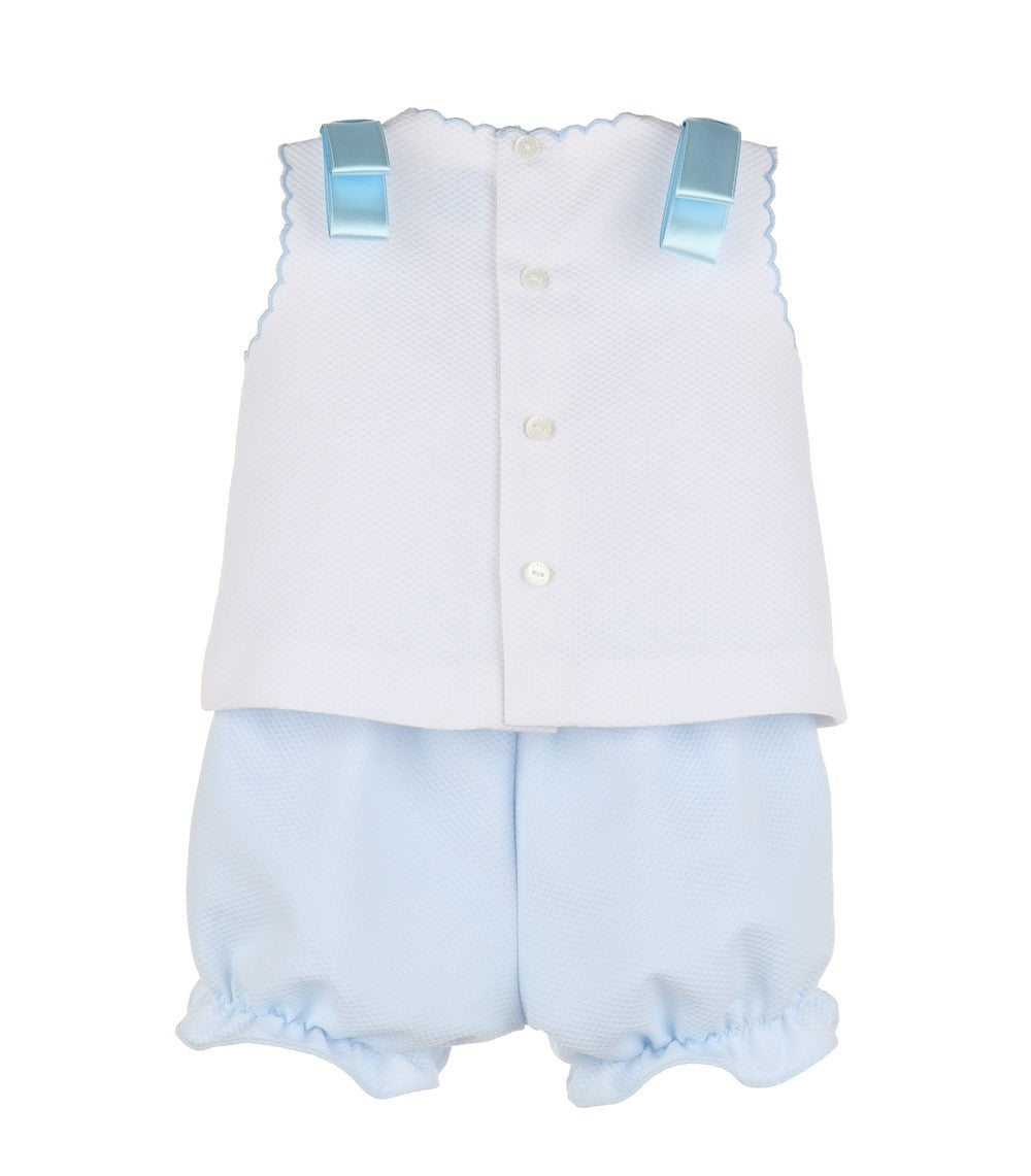 Luli & Me Baby Girls Pique Embroidered Bloomers Set - Bows on Shoulders - Blue