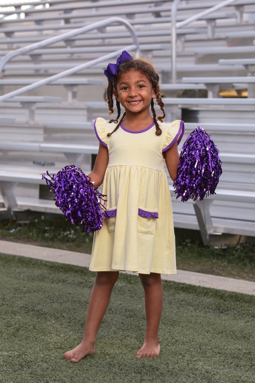 Trotter Street Kids Girls Lucy Game Day Dress - Yellow Stripe - Purple Trim - LSU Tigers