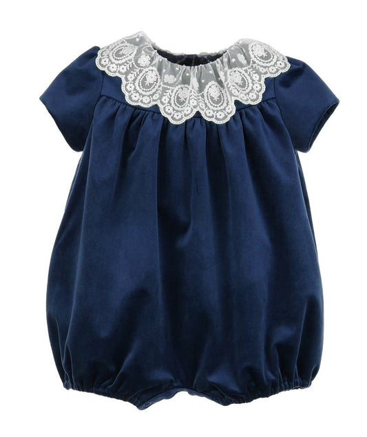 Luli & Me Girls Deluxe Velvet Bubble with Lace Collar - Navy Blue