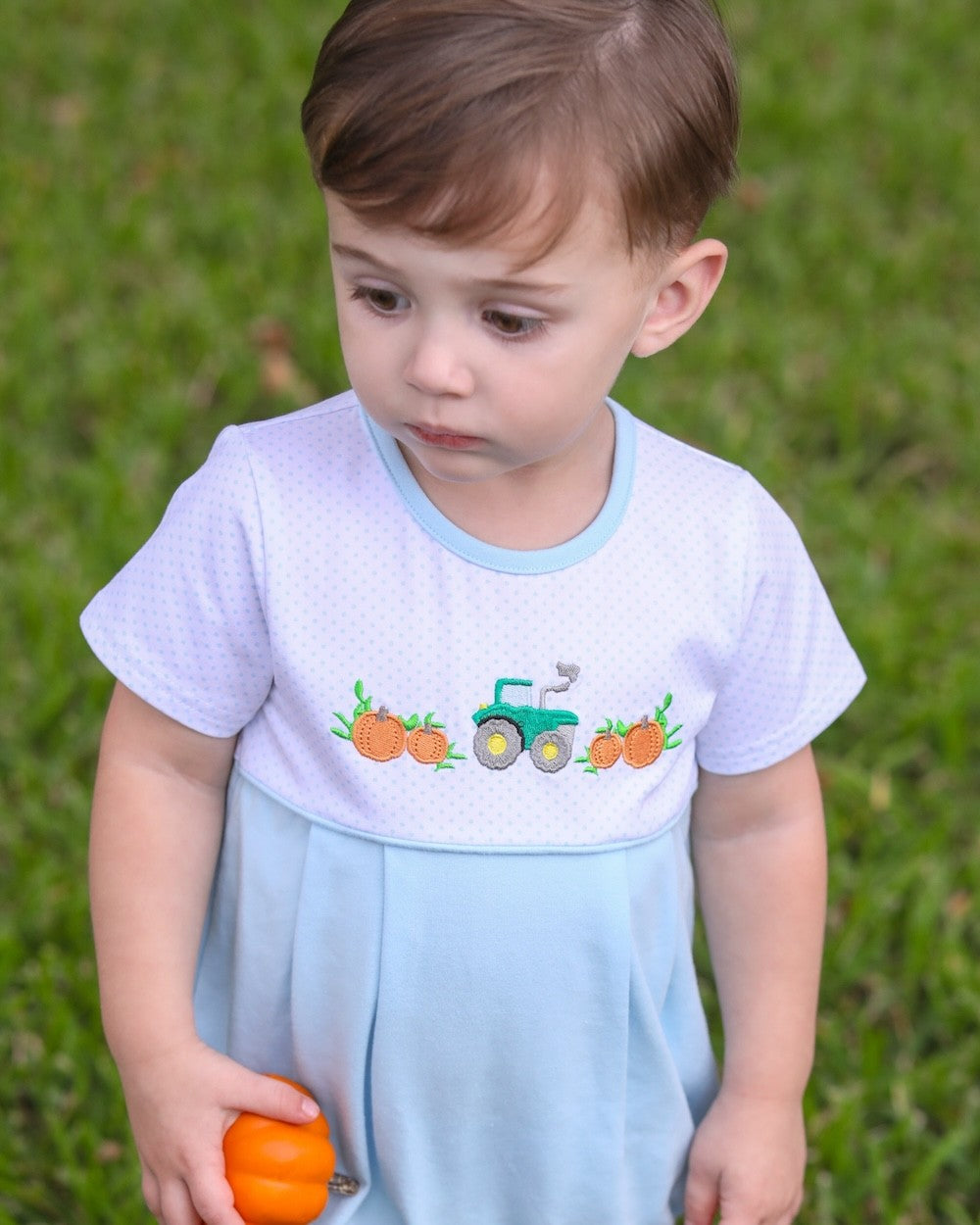 Trotter Street Kids Baby Boys Bubble - Blue Pumpkin Tractor Embroidery