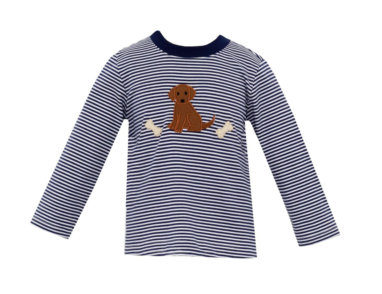 Claire & Charlie Boys Navy Blue Striped Shirt - Applique Brown Dog
