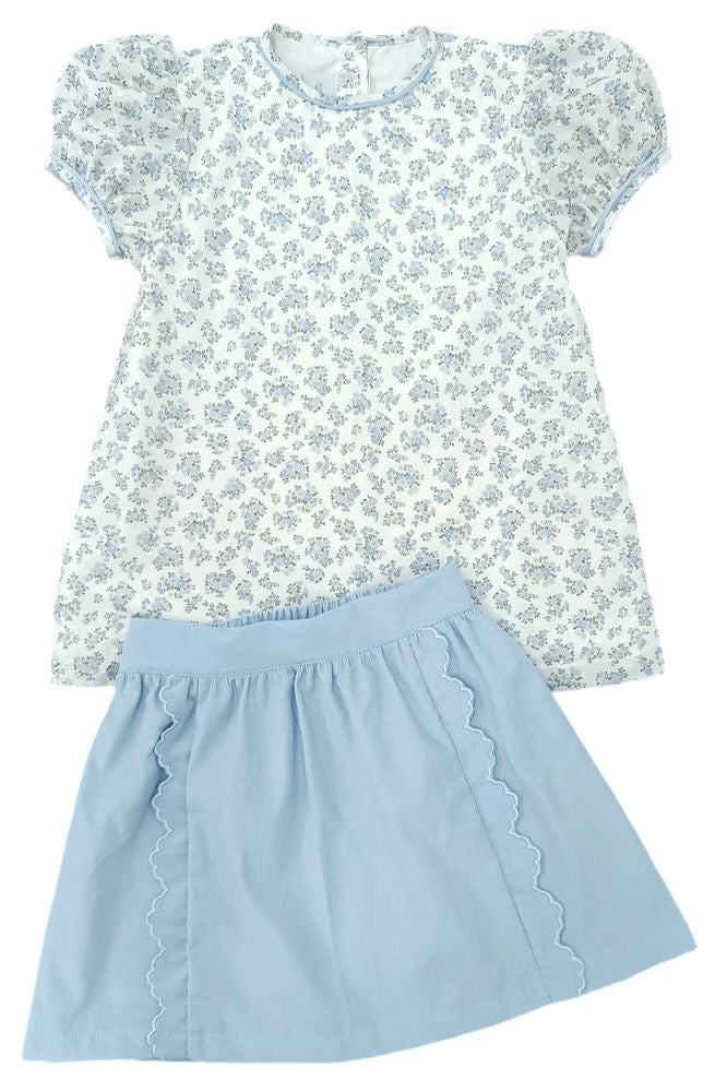James & Lottie Kate Skirt Set - Blue Cord Skirt with Blue and Green Floral Dotted Swiss Top