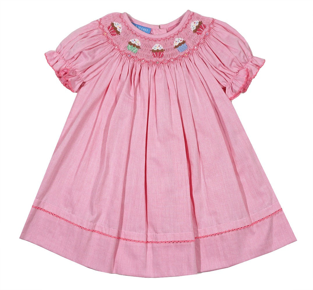Anavini Baby Girls Pink Smocked Birthday Cupcakes Dress - Bishop