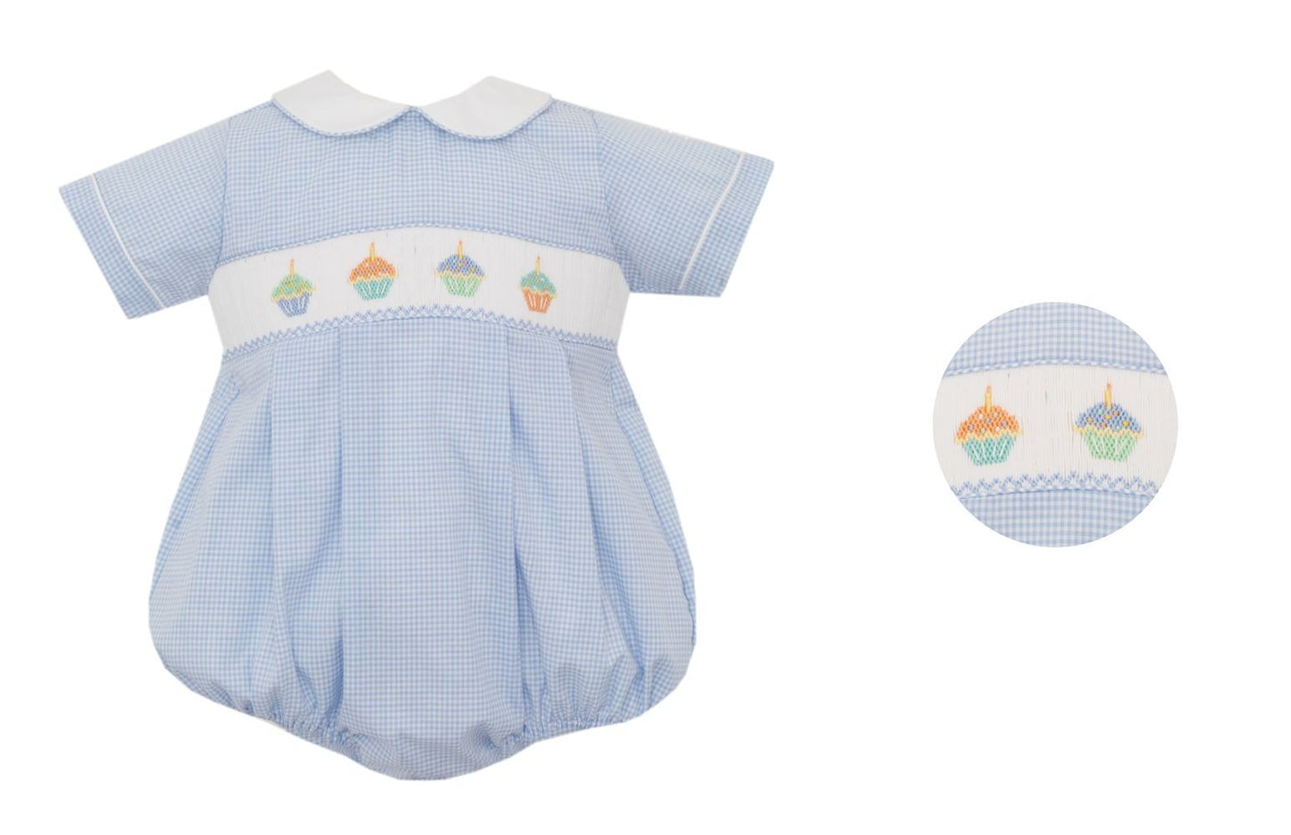 Petit Bebe Baby Boys Blue Gingham Smocked Birthday Cupcakes Bubble