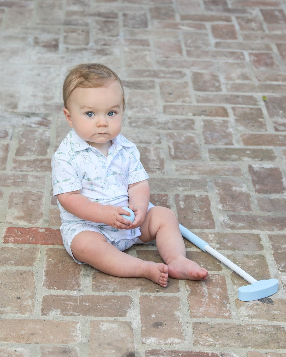 Trotter Street Kids Baby Boys Blue Golf Hole in One Print Polo Romper