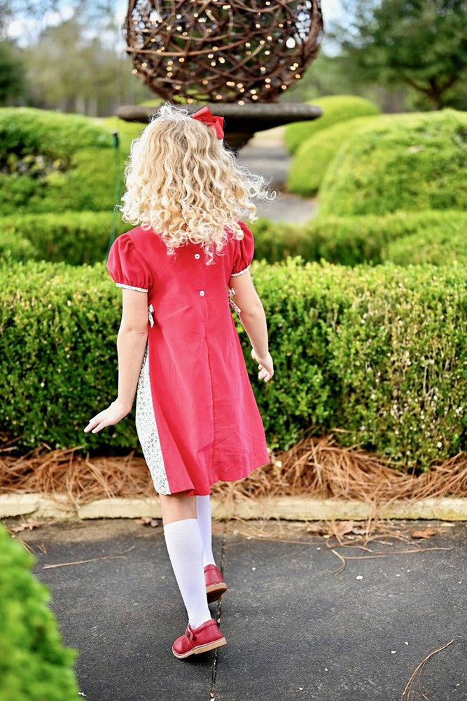 James & Lottie Girls Red Cord Cece Christmas Dress with Holly Accents by James & Lottie