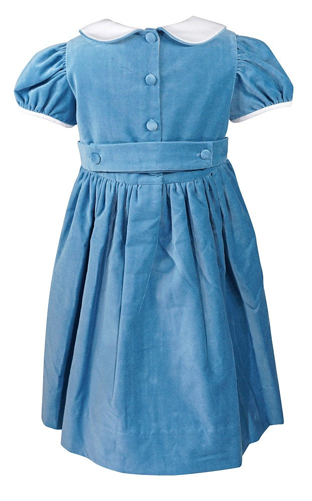 Anavini Couture Girls French Blue Velvet Dress - Eyelet Trim - Collar