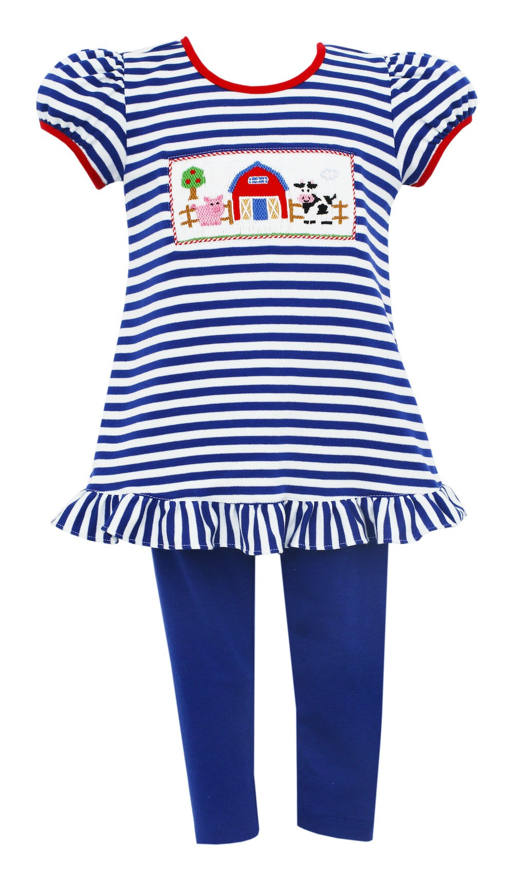 Anavini Girls Royal Blue Leggings Set - Striped Top with Smocked Farm by Anavini