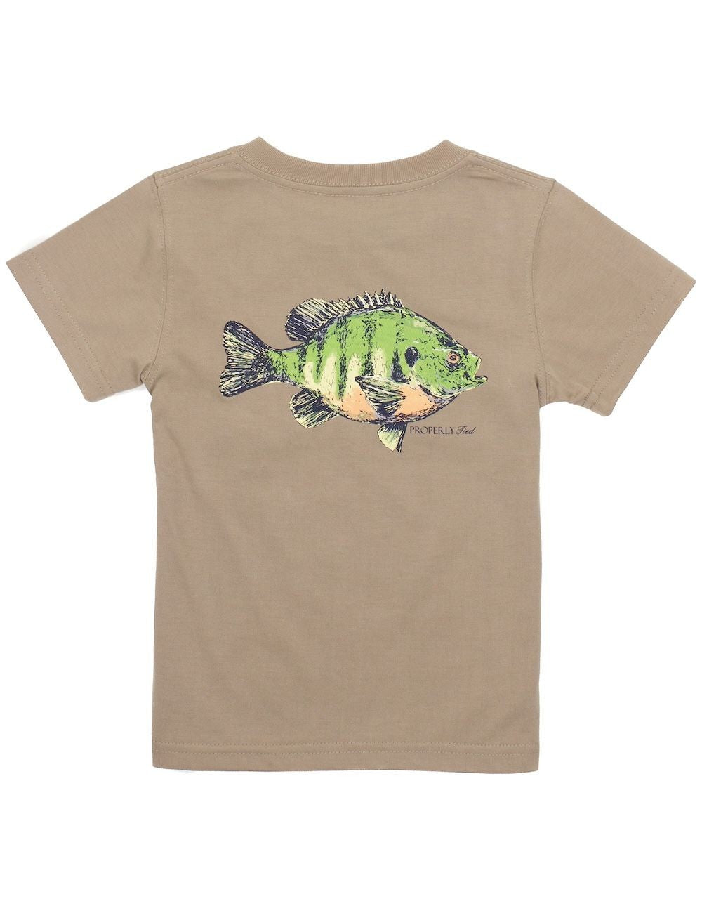 Properly Tied T-Shirt - Logo Pocket on Front - Graphic on Back - Bluegill Fish on Tan Sand by Properly Tied