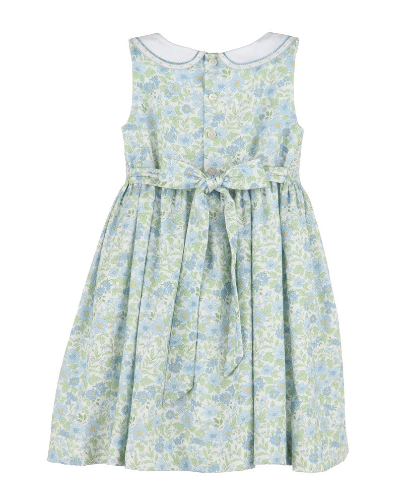 Luli & Me Girls Ocean Blue Floral Sleeveless Smocked Dress - Embroidered Collar