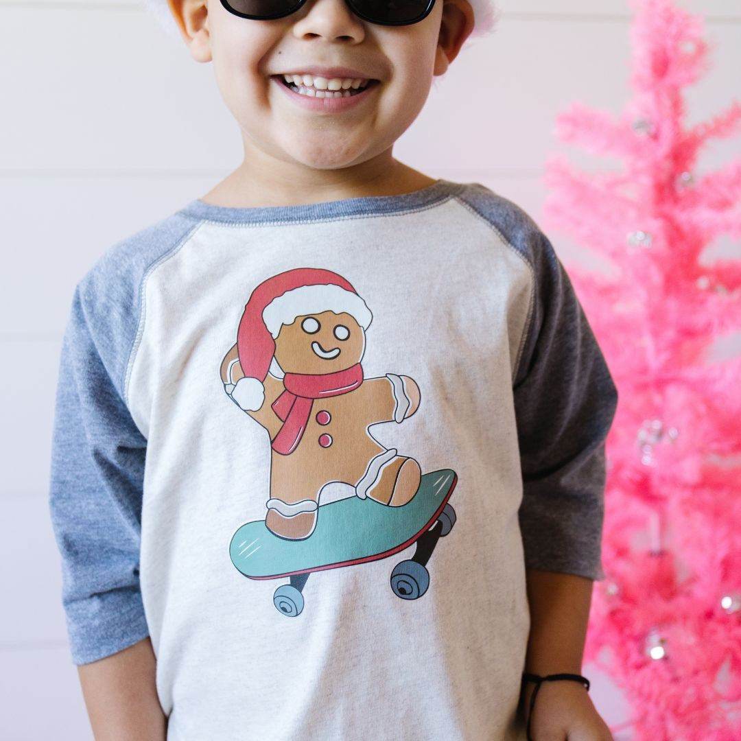 Sweet Wink Gingerbread Boy Skater Christmas 3/4 Shirt - Natural/Heather