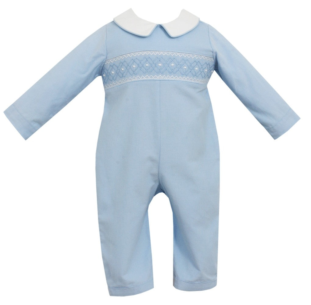 Petit Bebe Baby Boys Light Blue Corduroy Romper - Smocked in White