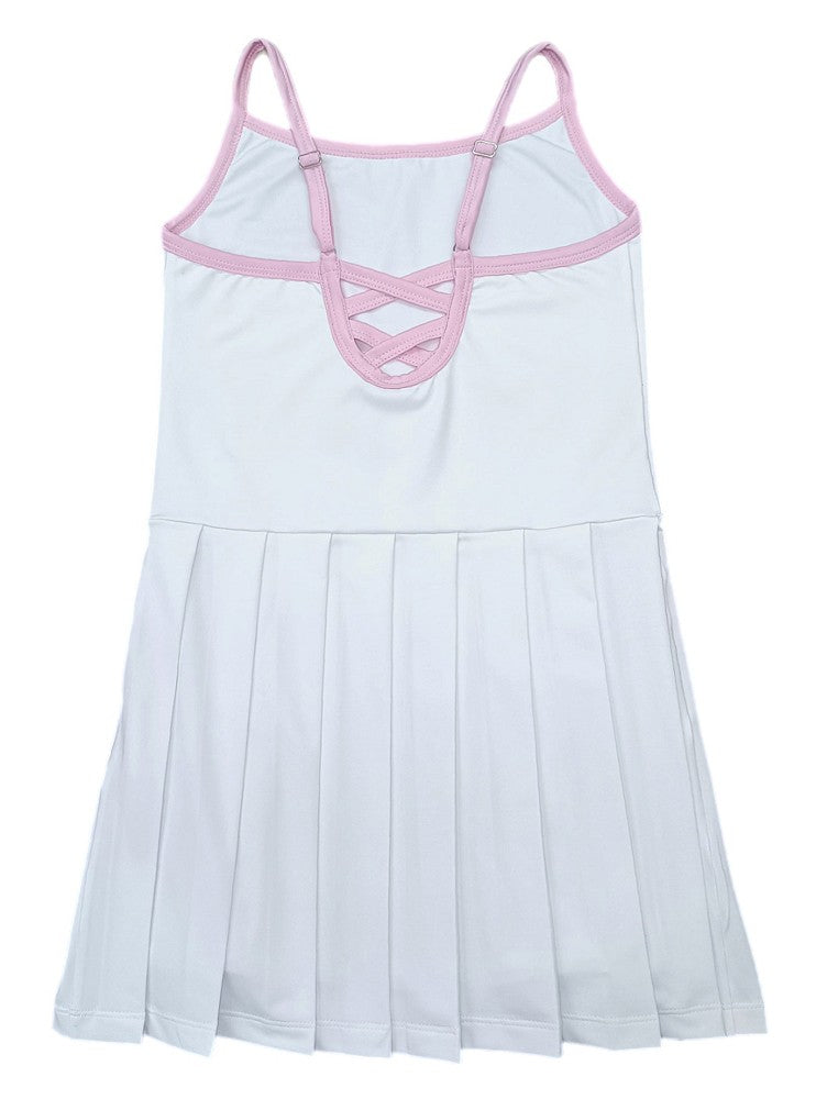 Be Elizabeth by James & Lottie Girls Pleated White Athleisure Tennis Dress - Piped in Pink