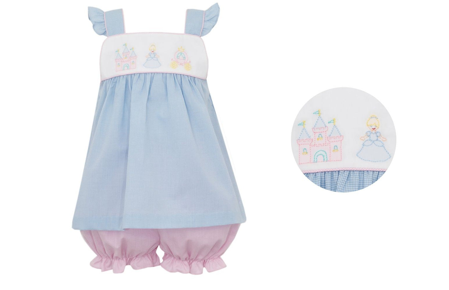 Anavini Toddler Girls Blue Check & Pink Bloomers Set - Embroidery Cinderella Castle by Anavini