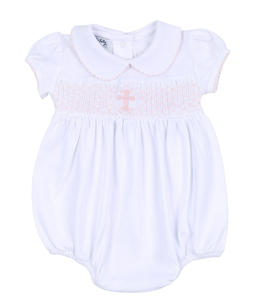 Magnolia Baby Girls White Blessed Bubble - Smocked Pink Cross