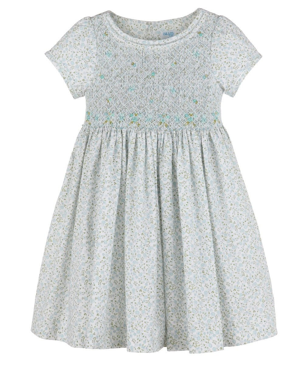 Luli & Me Girls Blue Wildflowers Dress - Fully Smocked Bodice